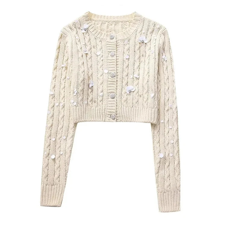 Women Fashion With Beading Cropped Knit Cardigan Sweater Vintage Long Sleeve Front Button Female Outerwear Chic Tops