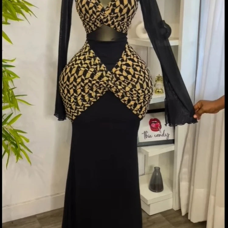 CM.YAYA Women Houndstooth Printed Long Sleeve Draped Ruched Bodycon Midi Mini Dress 2025 Vacation Sexy Party Evening Dresses