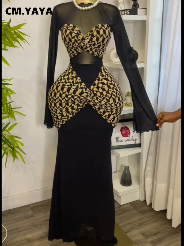 CM.YAYA Women Houndstooth Printed Long Sleeve Draped Ruched Bodycon Midi Mini Dress 2025 Vacation Sexy Party Evening Dresses