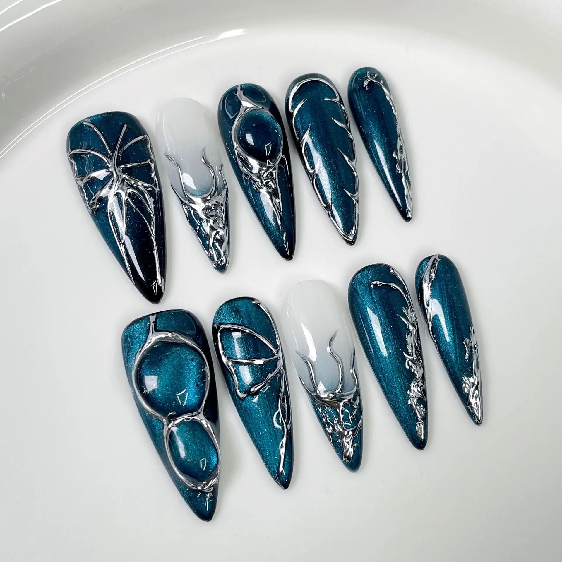 10pcs long stiletto handmade false nail sets pink Smudge almond nails tips flower diamond fake nail art French press on nails