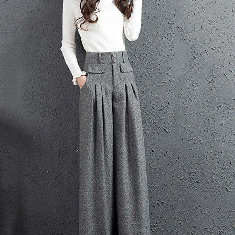 Autumn Winter Woolen Blend Culotte Elegant High Waist Belt Wide Leg Pants Women Baggy Korean Fashion Pantalones Oversize Trouser grey