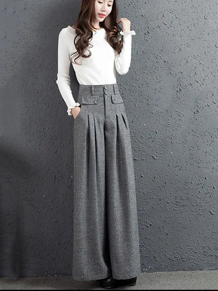 Autumn Winter Woolen Blend Culotte Elegant High Waist Belt Wide Leg Pants Women Baggy Korean Fashion Pantalones Oversize Trouser grey