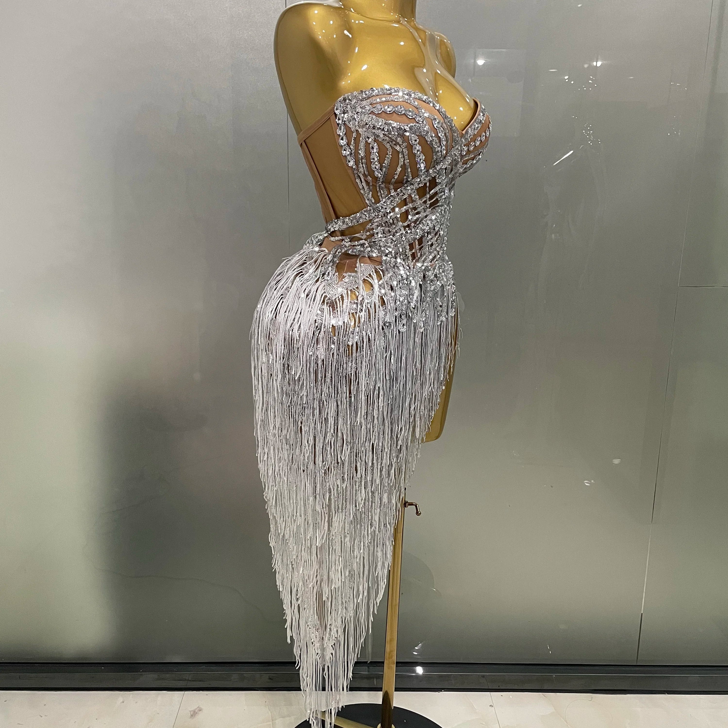 2025 New Sparkly Rhinestone Sequin Tassel Sexy Mini Skirt Two Pieces Set Women Birthday Celebrate Party Nightclub Stage Costume