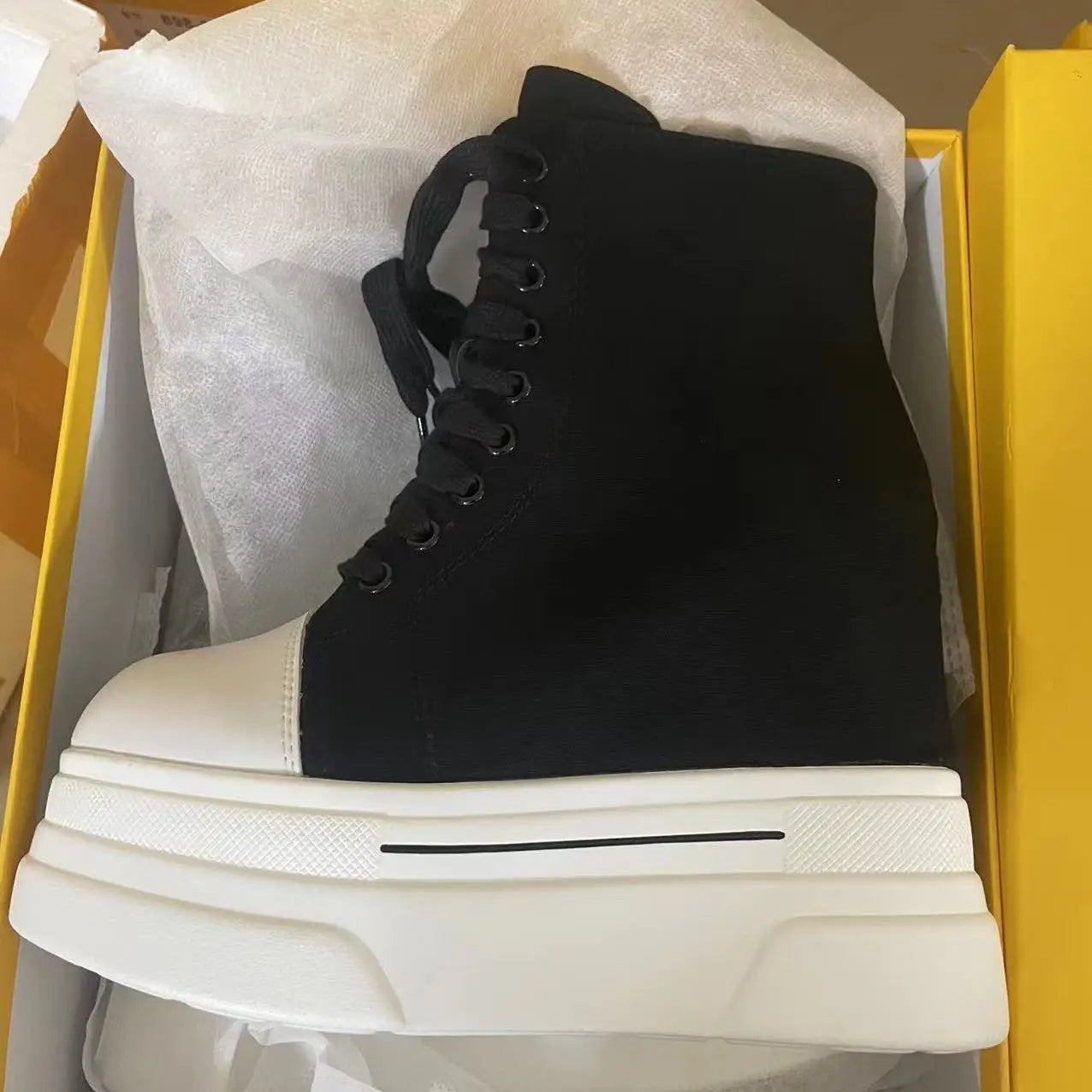 Fujin 14cm 2023 Denim Women Ankle Boots Platform Wedge Autumn Fashion Zip Super Hight Heel Women Fashion Lace Up Spring Shoes white black