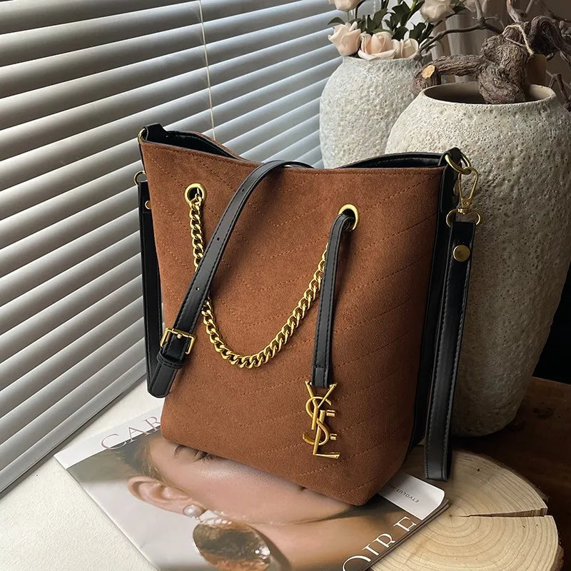 2025 New Women's Vintage Bucket Bag Large Capacity Underarm Bag Suede Crossbody Shoulder Bag Fashion Ladies Purse