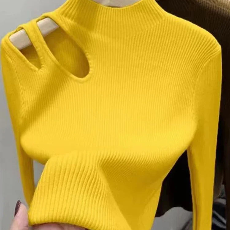 Knitted Sexy Hollow-out Turtleneck Women Sweaters Autumn Winter Jumper Tops Soft Warm Knitwears Female Pullovers Sweater Top Yellow One Size