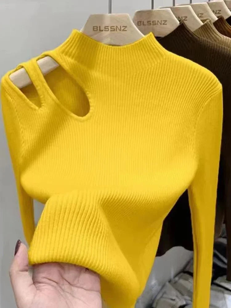 Knitted Sexy Hollow-out Turtleneck Women Sweaters Autumn Winter Jumper Tops Soft Warm Knitwears Female Pullovers Sweater Top Yellow One Size