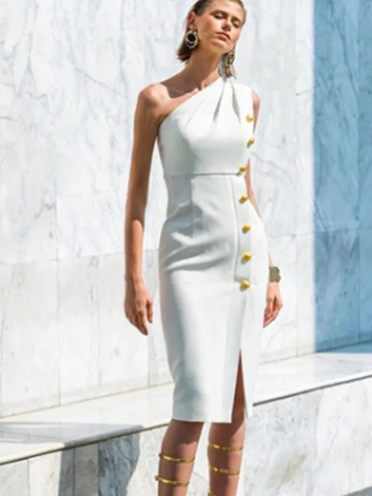 White Color Women Sexy One Shoulder Button Bodycon Mini Dress Rayon Bandage Fashion Nihtclub Party Elegant Evening Party Dress WHITE