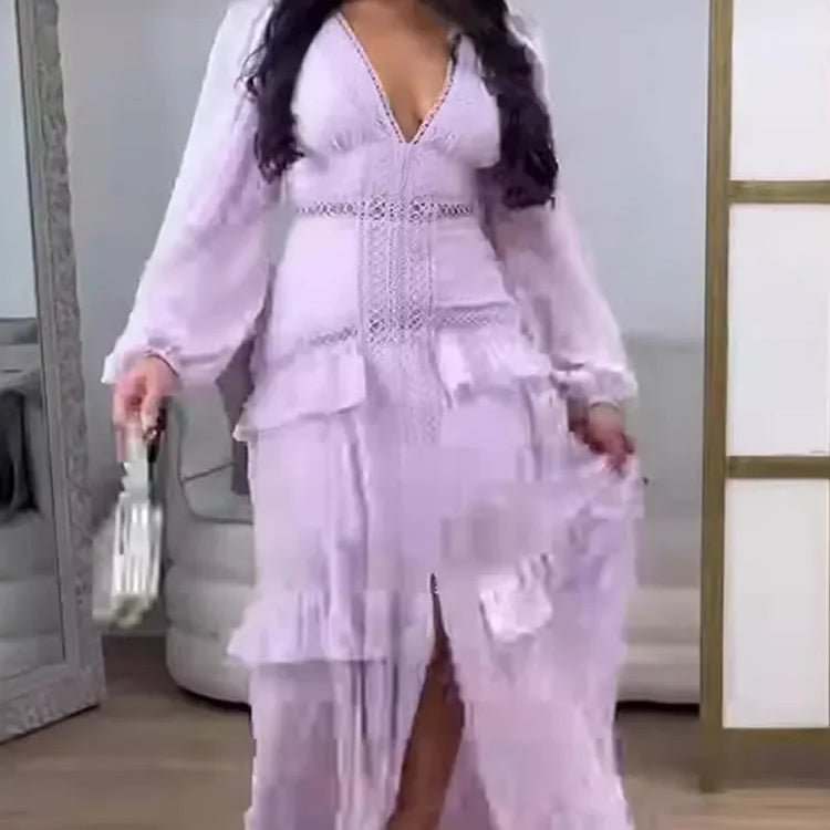 Women Elegant Layered Ruffles Patchwork Long Dress Chic V Neck Puff Full Sleeves Split Maxi Dresses Fashion Lady Party Robes Light purple