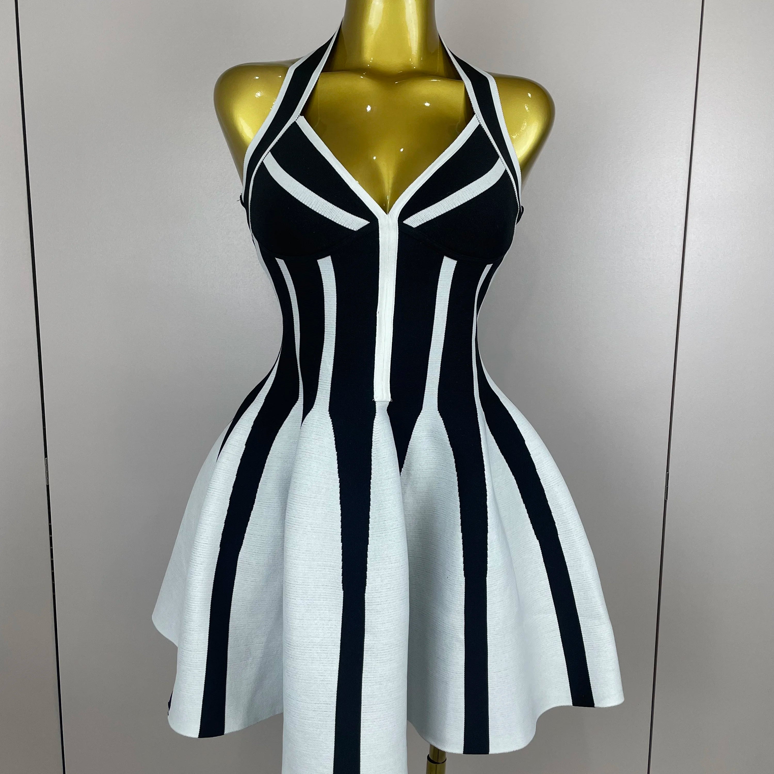 Sexy Backless Black White Stripes Halter Bandage A Line Short Dress 2025Women Celebrity Elegant Evening Party Holiday Club Dress