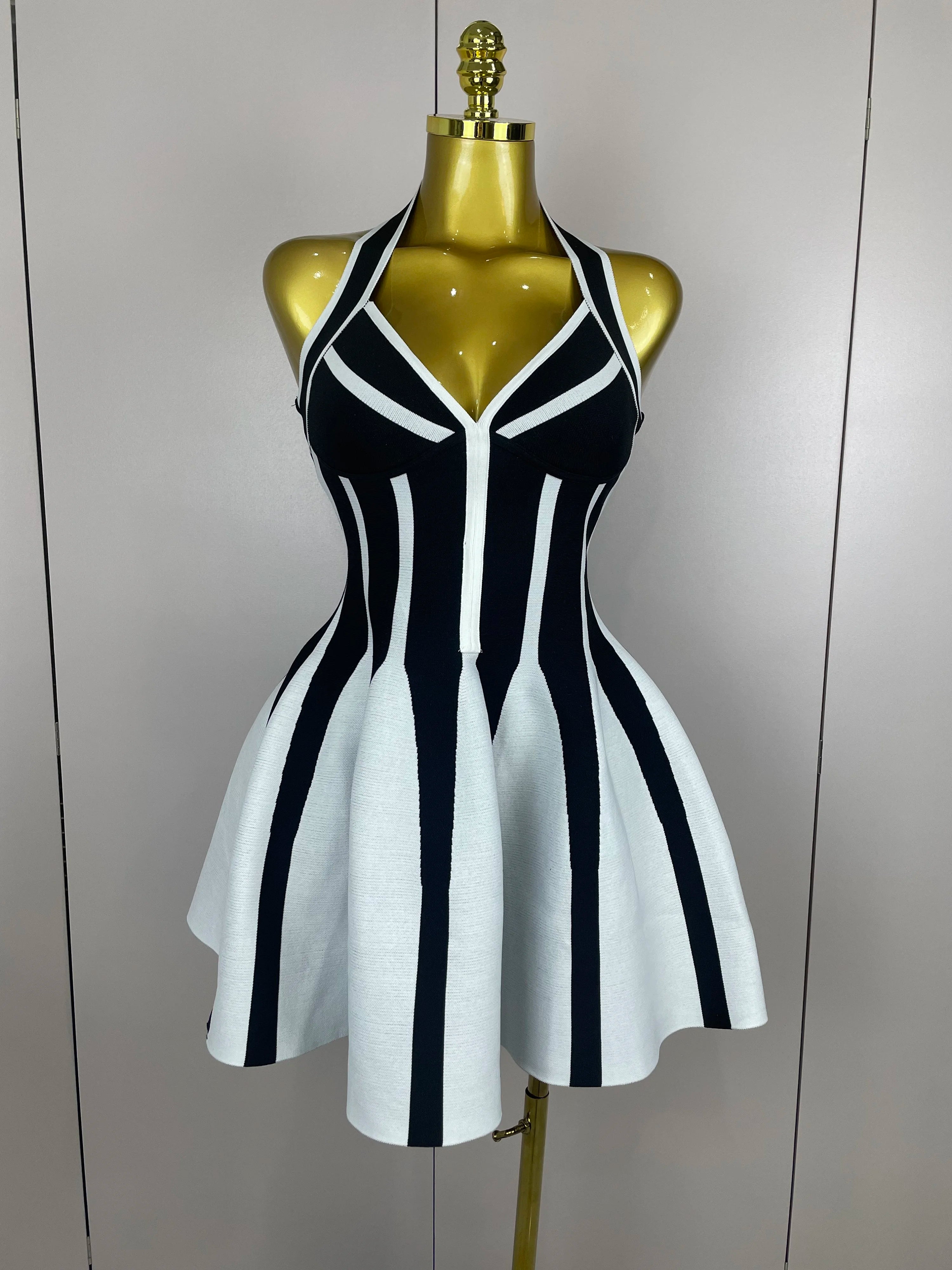Sexy Backless Black White Stripes Halter Bandage A Line Short Dress 2025Women Celebrity Elegant Evening Party Holiday Club Dress