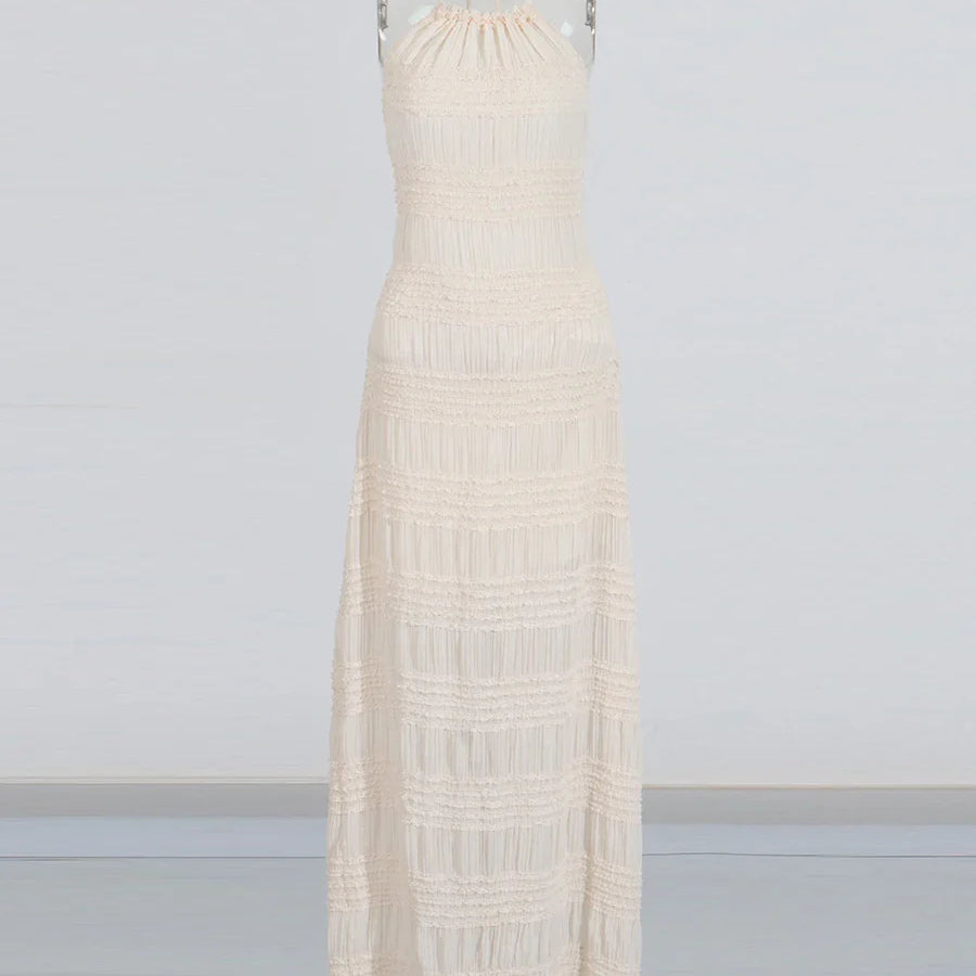 Slimming Sheer Spliced Striped Casual Dresses for Women Halter Neck Sleeveless Backless Dress Female Fashion New