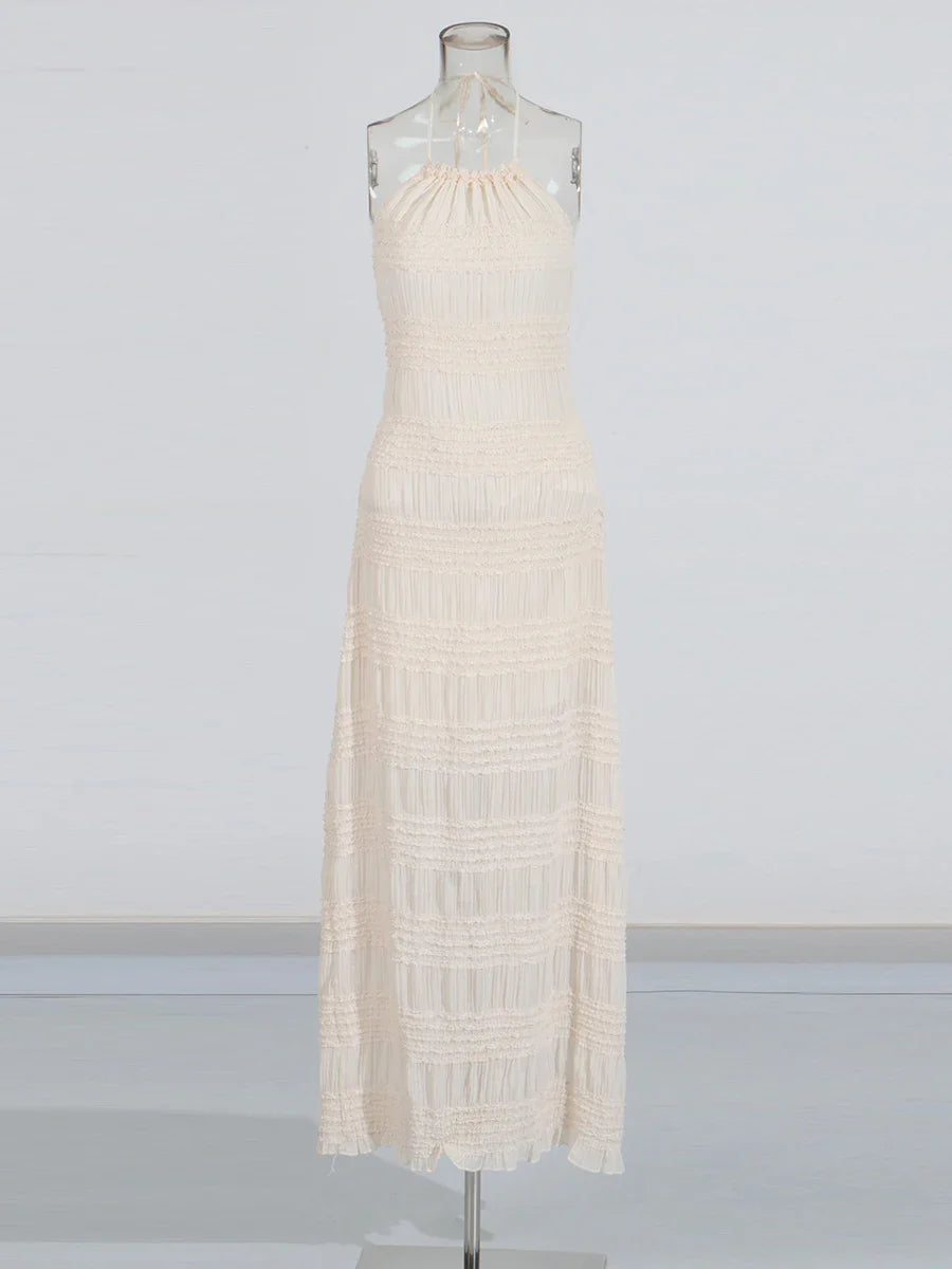 Slimming Sheer Spliced Striped Casual Dresses for Women Halter Neck Sleeveless Backless Dress Female Fashion New