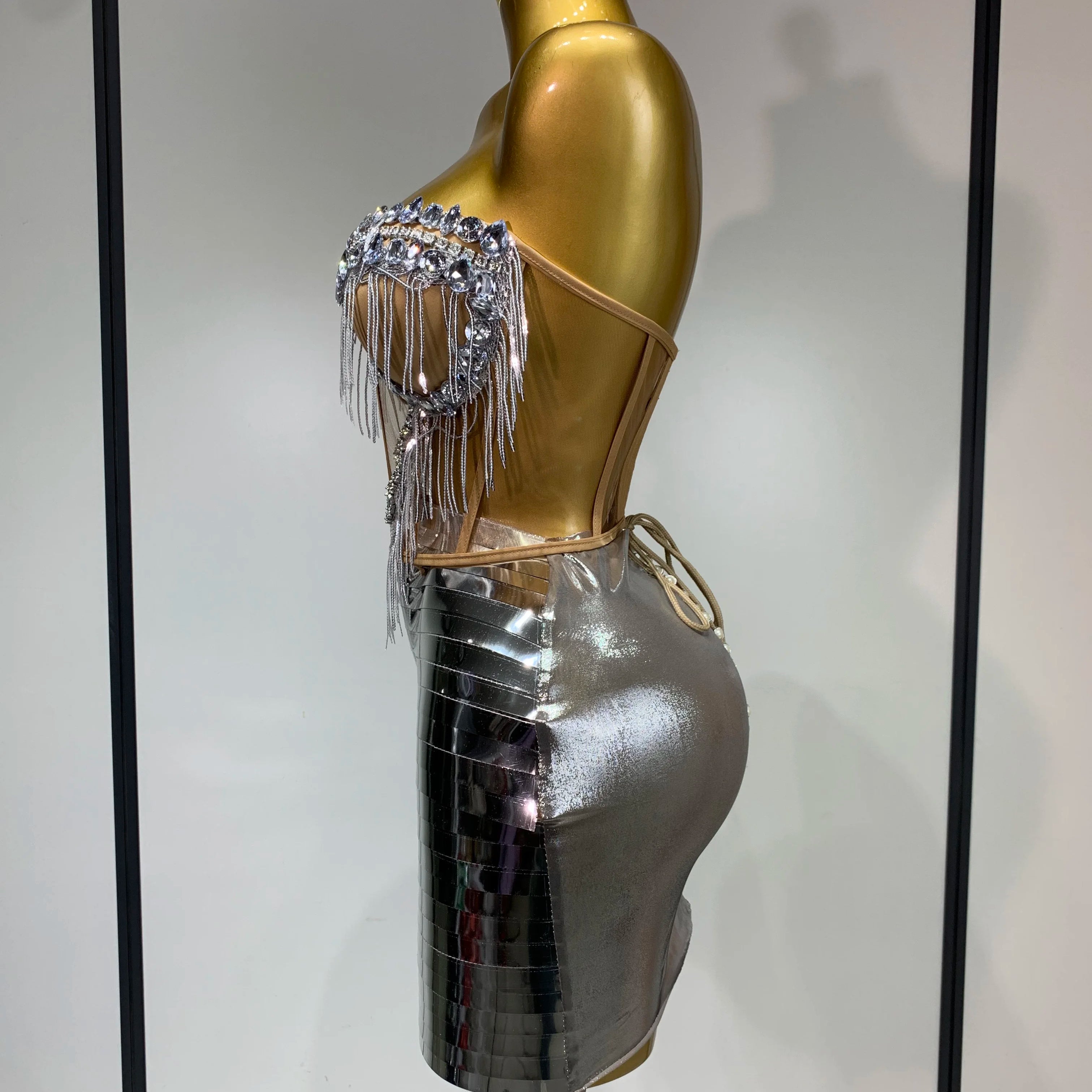 Sparkly Sliver Rhinstones tassels Top Skirt Two Piece Set Women Sexy Strapless Nightclub Birthday Evening Party Stage Outfit