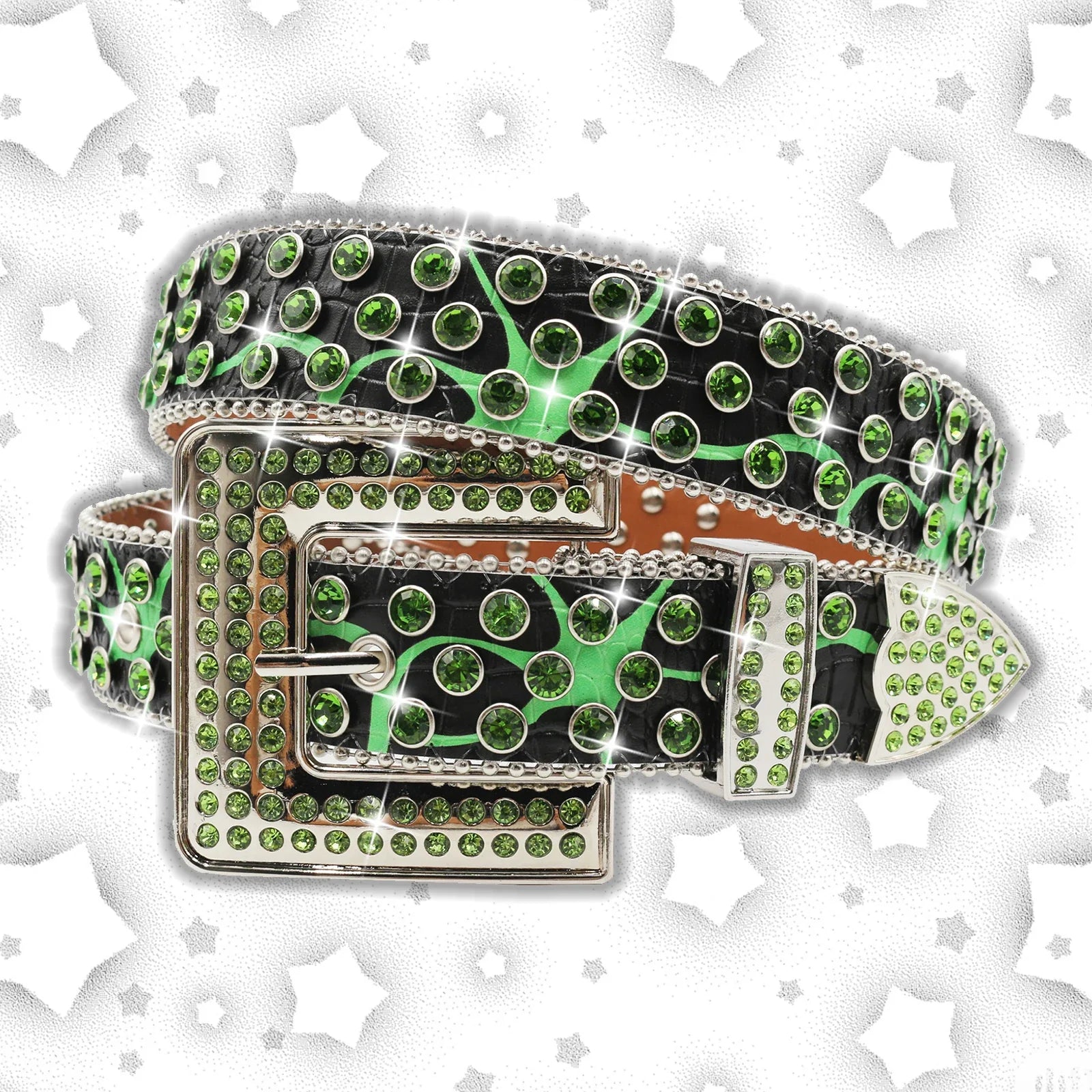 Vintage Dark Rhinestone Rivet Belt for Women Sequin Punk Hip Hop Jeans Accessories Luxury Designer bb Belt Beautiful FK-HW-Green