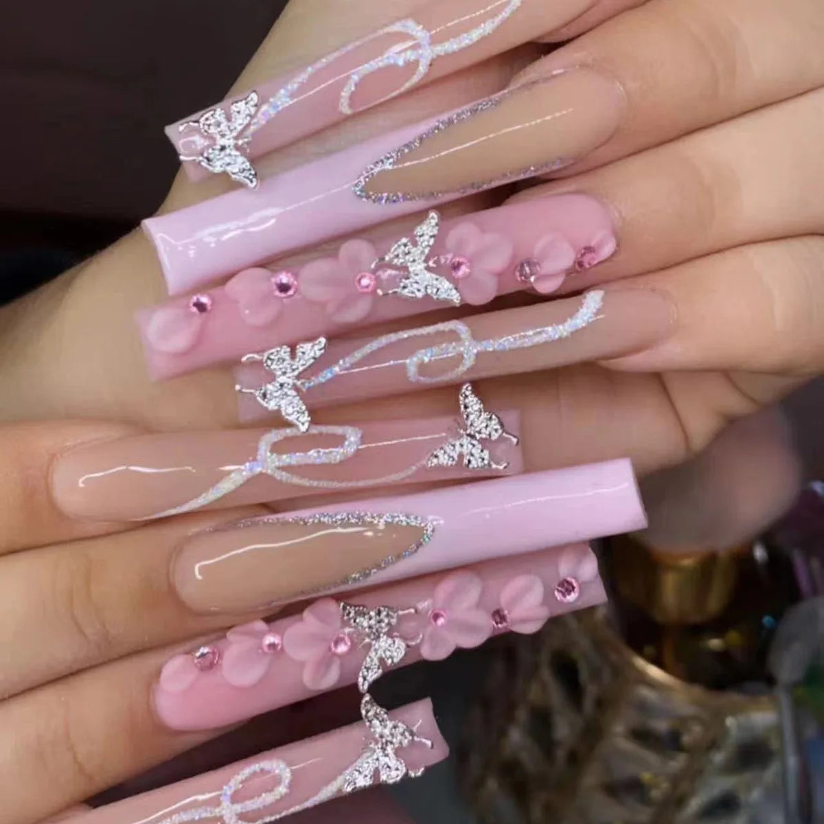 24Pcs Wearable False Nails with Rhinestone Long Square Press on Nails French Pink Flower 3D Bow Design Fake Nail Manicure Tips