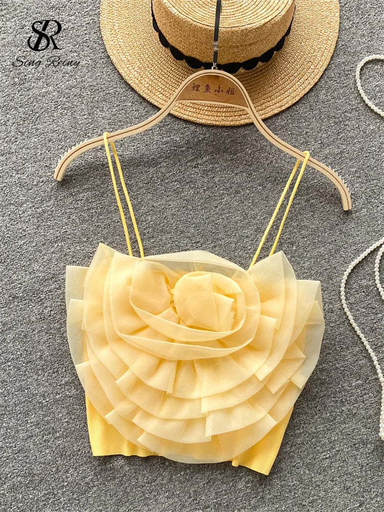 SINGREINY Female 3D Flowers Vacation Style Sexy Camis Summer Design Sheath Tops Women Solid Slim Short Streetwear Beach Camisole light yellow One Size