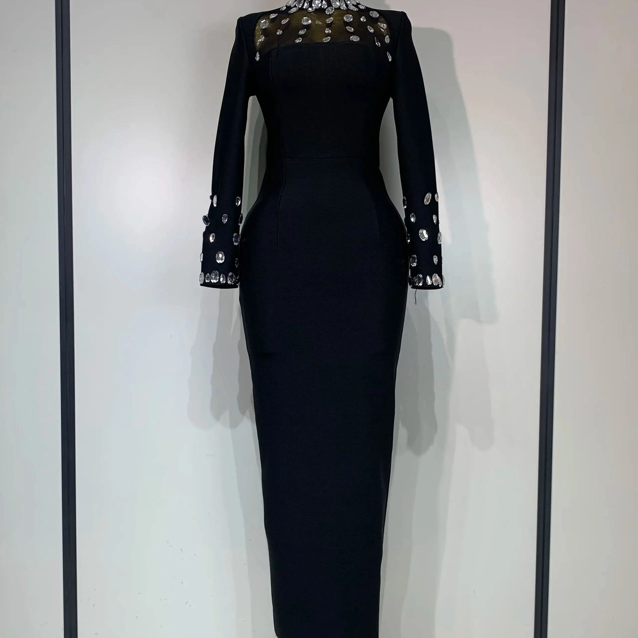 Luxury Birthday Dresses Sparkly Diamond Long Sleeve Black Bodycon Bandage Dress Women Wedding Evening Club Party Prom Gowns