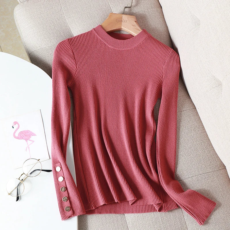 Casual Autumn Winter Women Thick Sweater Pullovers Button Long Sleeve O-neck chic Sweater Female Slim Knitted Soft Jumper Tops Brick red One Size