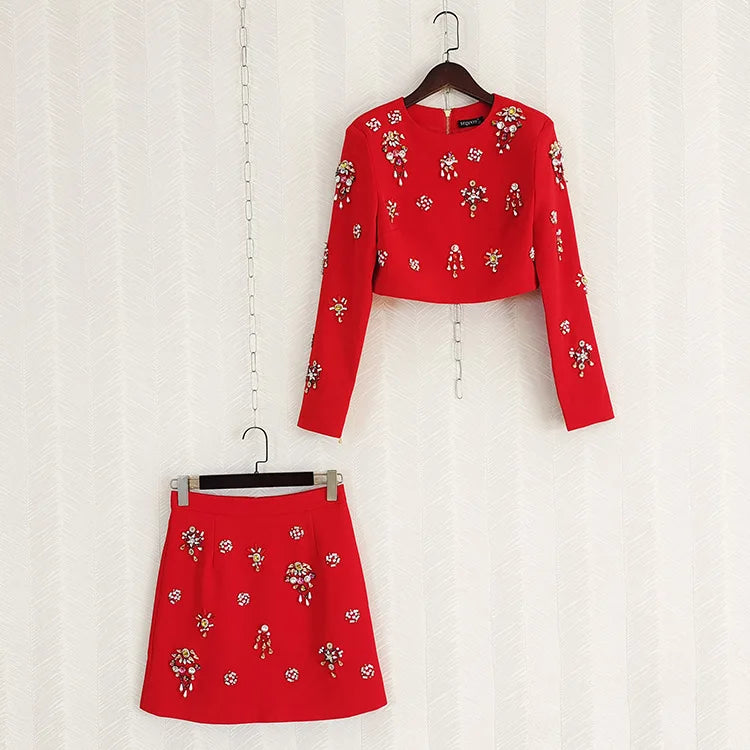 Ailigou 2023 New Autumn Women's High Quality Fashion Sexy Luxury Colorful Diamond Bead Short Top+Dress Black Two Piece Set Red