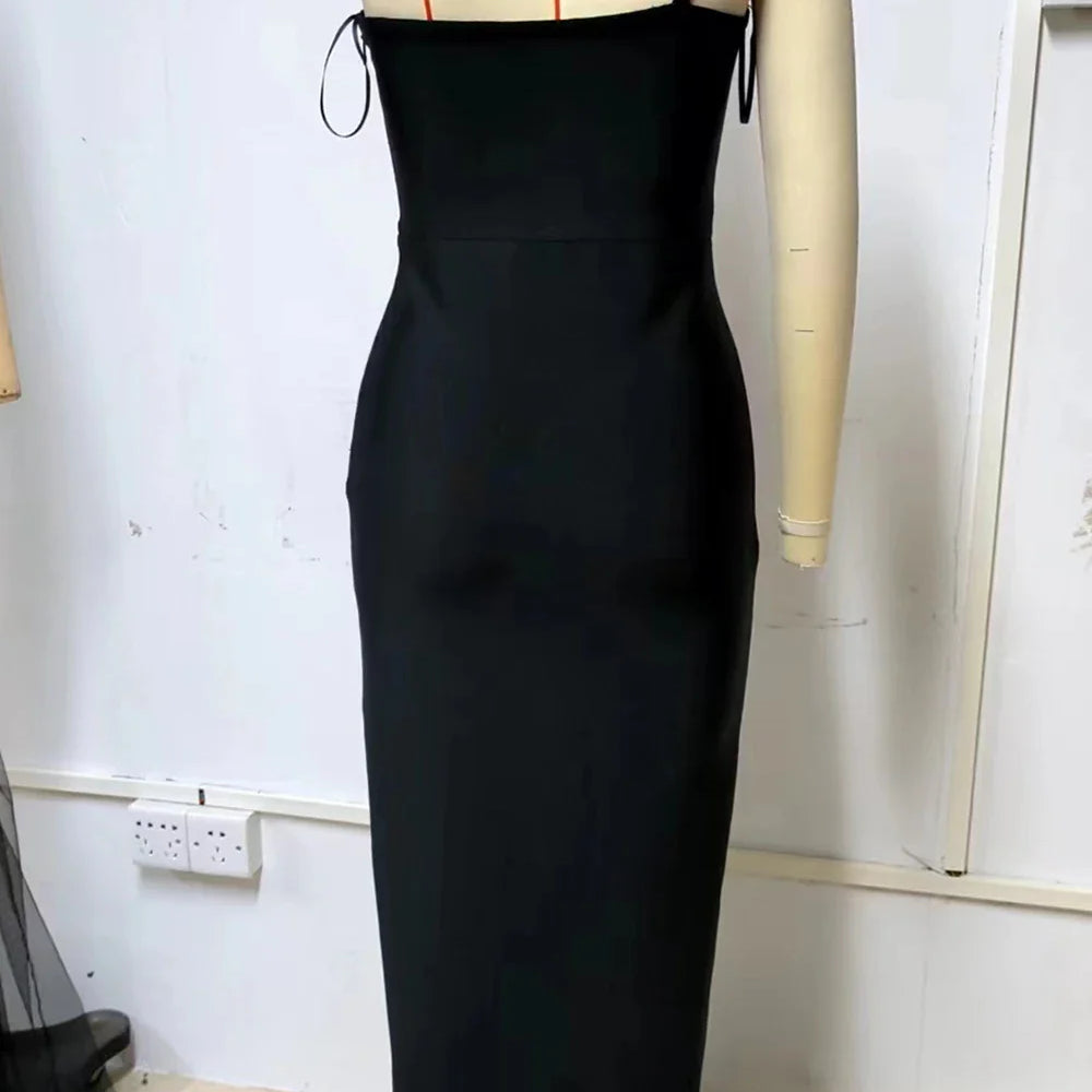 Ailigou New Women's Sexy One Shoulder Sleeveless Diamond Split Thigh Long Bandage Dress Elegant Celebrity Party Dress