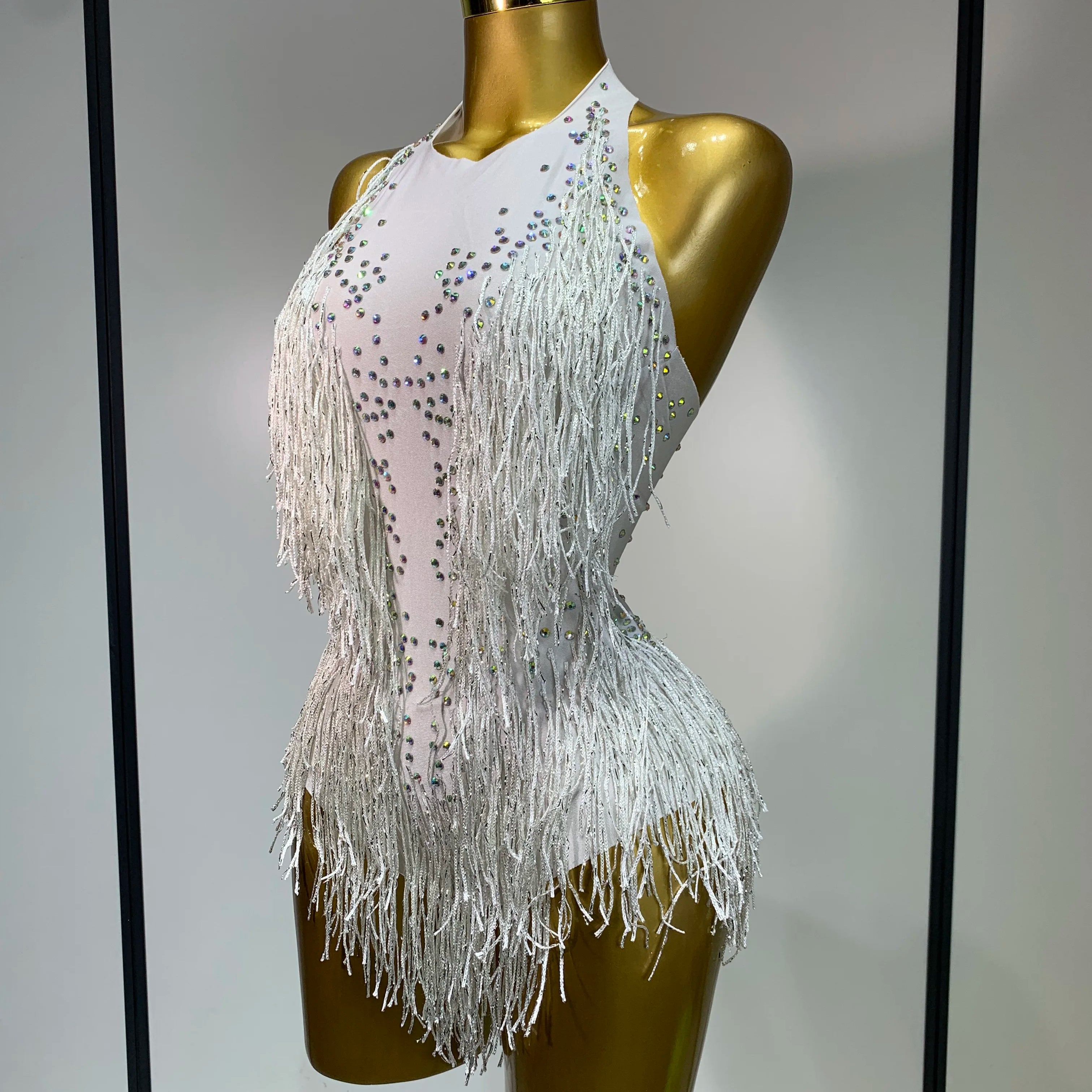 Sparkly Rhinestones Fringes Leotard Women Nightclub Evening Party Outfit Dance Costume Stage Outfit Sexy Performance Bodysuit