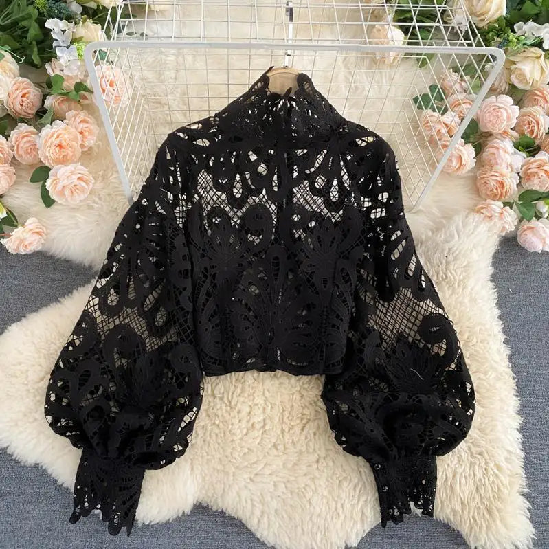 Sexy Lace Hollow Out Short Blouse Casual Lantern Long Sleeve Stand Collar Shirts Female Elegant Red/Pink/White Loose Tops black One Size