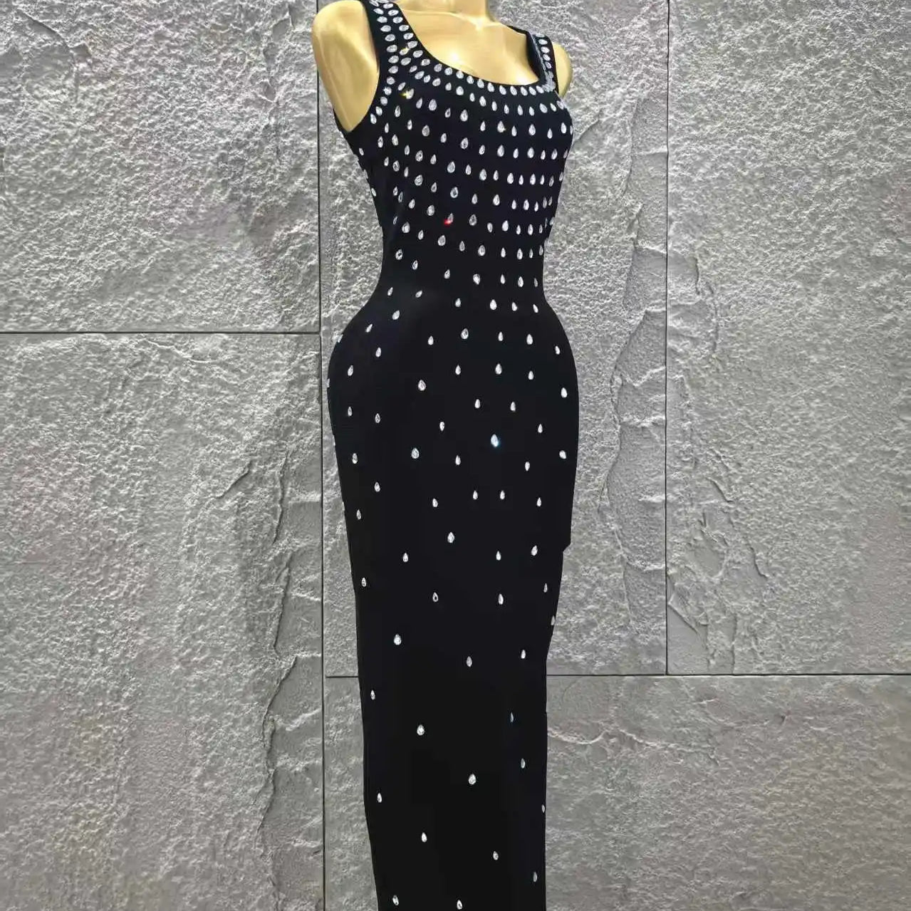 Women Sleeveless Sexy O-Neck Shinning Crystal Bodycon Long Bandage Dress Celebrity Red Carpet Evening Party Outfit