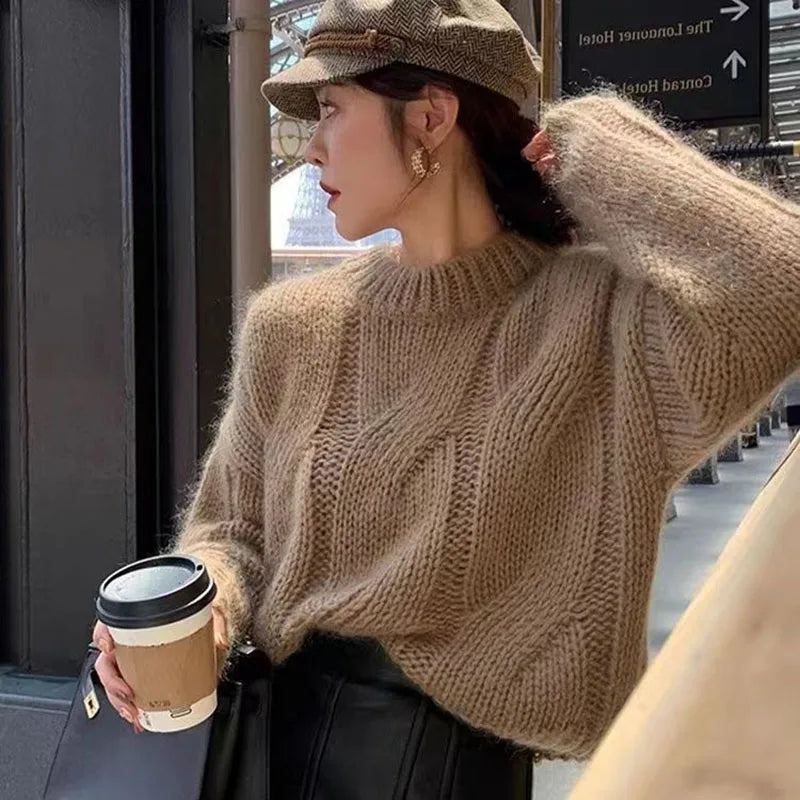 Lucyever Lazy Style Twist Sweater for Women Autumn Winter Thick Warm Loose Knitted Pullover Vintage Streetwear Knit Jumper Tops coffee One Size