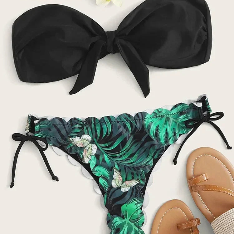 Sexy Scalloped Marble Print Bikini Women Bandeau Swimwear Female Swimsuit Two-pieces Bikini set Knotted Bather Bathing Suit Swim B582Green