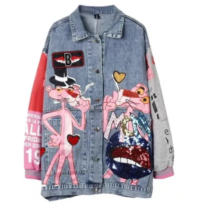 Bahar Sonbahar Kadın Moda Sequins Cartoon Leopar Denim Ceketler Gevşek Lady Street Giyim Mağazaları Şık Dış Giyim