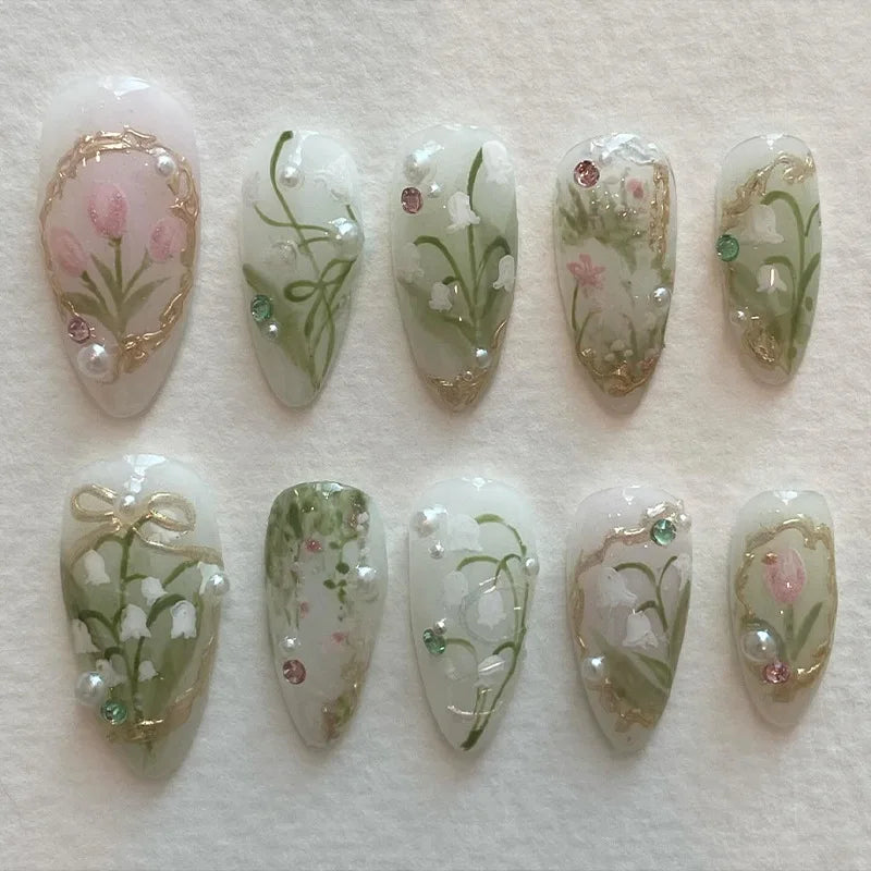 24Pcs Mid-length Almond Nails Set Press on Strawberry Pearl Love Check Design Fake Nails 3D Bow Flower Reusable False Nails Tips
