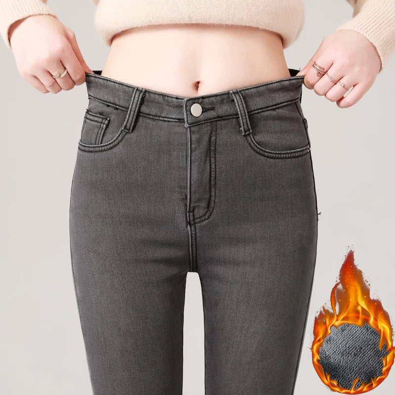 Winter Women Thermal Denim Skinny Stretch Jeans Oversized High Waist Plush Warm Lamb Fleece Mom Pants Plus Size Pencil Trousers GRAY