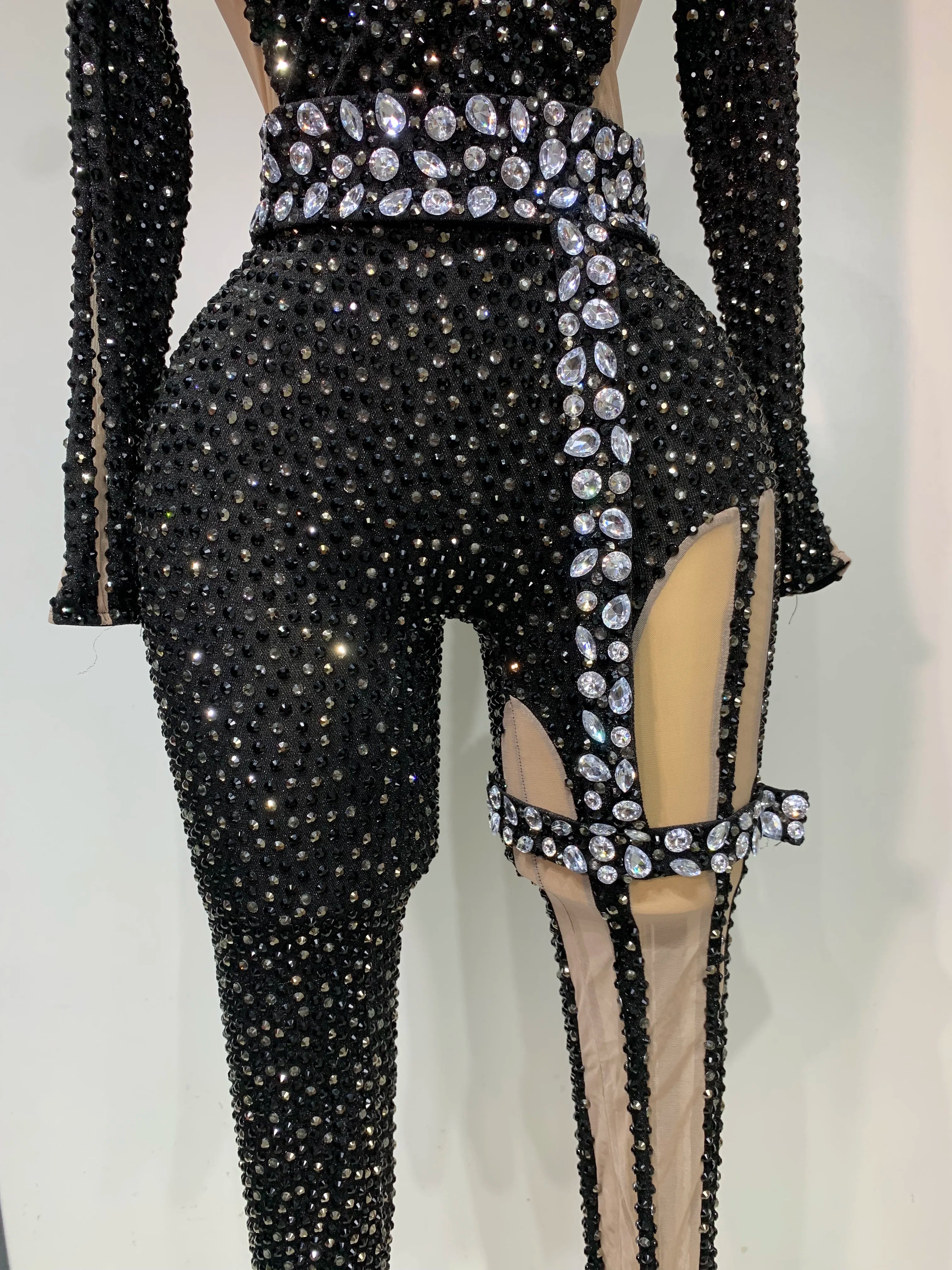 Sexy Sparkly Diamond Black Long Sleeves Bodycon Mesh Jumpsuit Evening Party Nightclub Bar Singer Performance Stage Costume