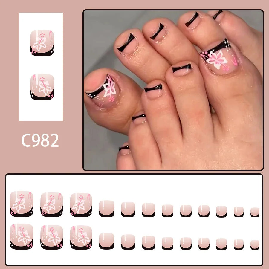 24pcs Summer Beach False Toenails Blue French Square Fake Toenails Wearable Coconut Trees Shell Print Press on Nails for Toe