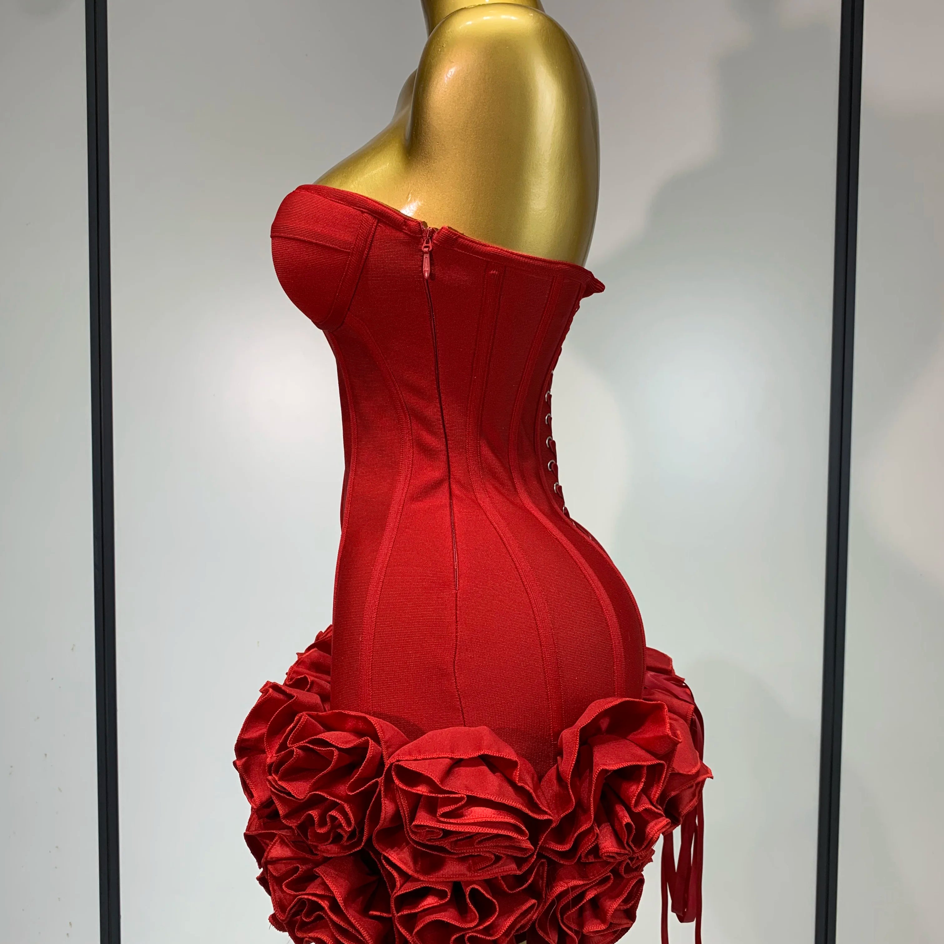 Women Sexy Strapless Backless Flower Embellished Mini Bandage Dress Bodycon Celebrity Party Cocktail Evening Party Club Dresses