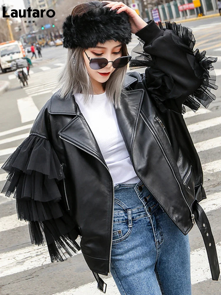 Autumn Short Black Oversized Lace Patchwork Leather Biker Jacket Long Sleeve Loose Womans Clothing Fashionable Outerwear Black