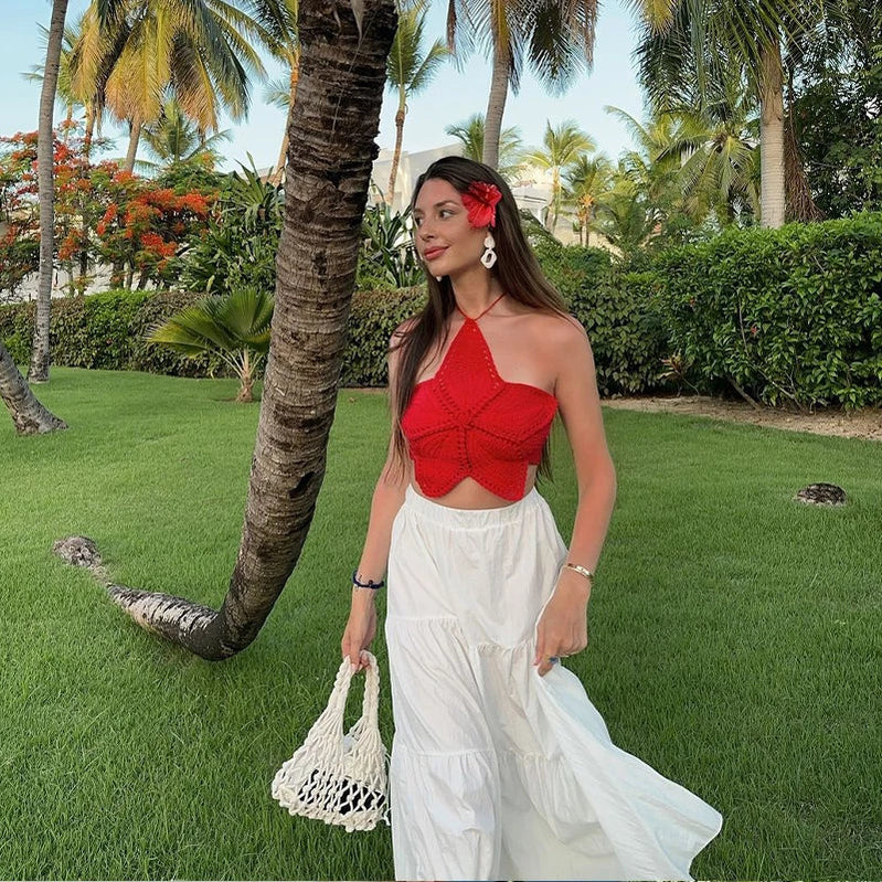 Knitted 3d Flower Women Halter Vest Sexy Hollow Out Backless Female Crop Top Summer Sleeveless Lace Up Holiday Lady Beachwear red