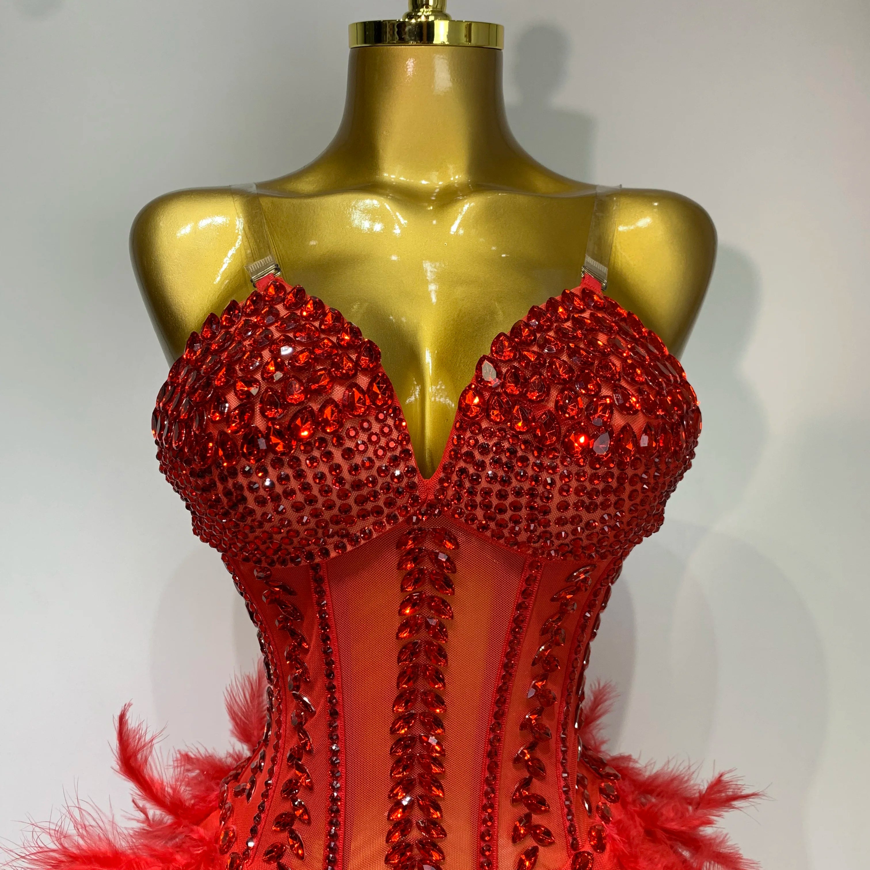 Sparkly Rhinestones Bodysuit Feathers Long Tail Dress Sexy Mesh Transparent Evening Party Celebrate Birthday Dress Stage Outfit