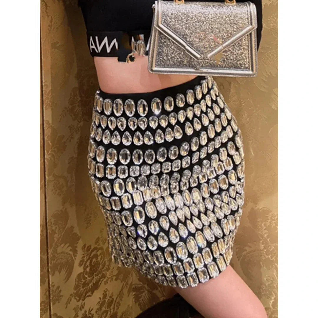 Women Celebrity Beading Rhinestone Black Mini Bodycon Bandage Skirt Designer High Waist Party Office Lady Elegant Skirt