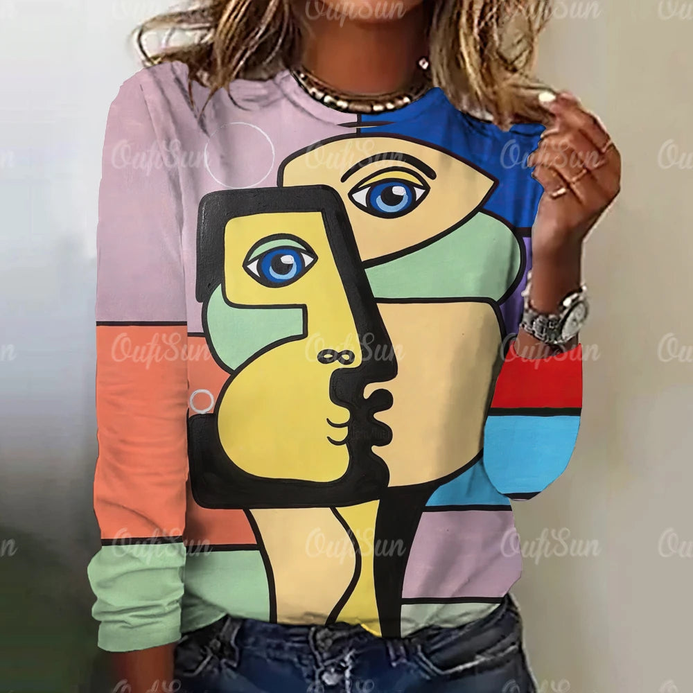 Autumn Funny Face Painting Women's Long Sleeve Top T-Shirts Girls Harajuku Colorful Gothic Tee Oversized Female Fashion Clothing W010203-SM11949