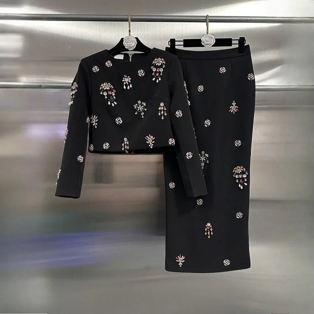 Solid Slimming Two Piece Sets for Women Round Neck Long Sleeves Patchwork Diamonds Top High Wasit Skirt Female New