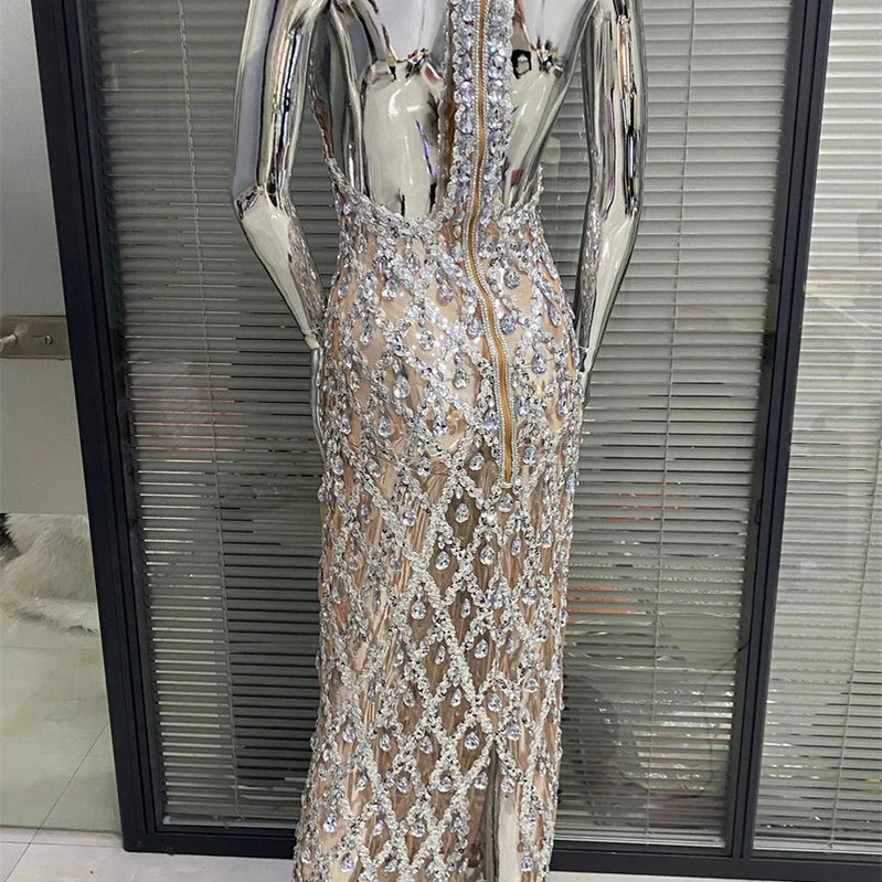 Shinning Big Crystal Women Sleeveless Sexy Halter Bodycon Long Dress Celebrate Birthday Party Nightclub Outfit Vestido