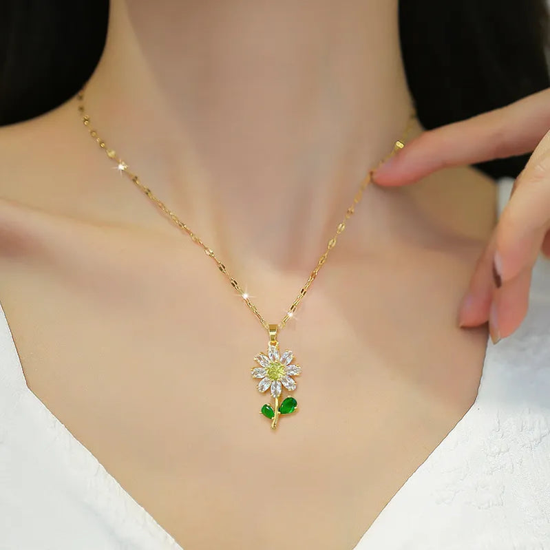 316L Stainless Steel Crystal Flower Pendant Necklace Earrings For Women Girl Fashion New Jewelry Set Lady Gift Party
