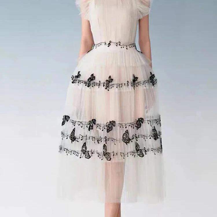 DEAT Gauze Women Dress Print Short Flying Sleeve A Line High Waist Medium Long Elegant Chic Style New Spring 15KB5996