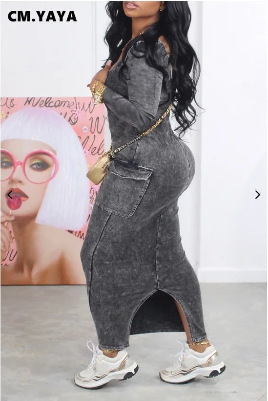 CM.YAYA Girl Print Long Sleeve Women Dress Pocket 2024 Spring Square Collar Bodycon Vestidos Boho Night Club Long Maxi Dresses