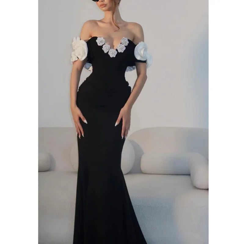 Stereoscopic Diamond Flowers Sexy Off The Shoulder Ankle Lenght Bandage Dress Woman Birthday Party Vestido Wedding Party Outfit