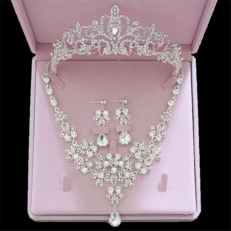 Bridal Jewelry Sets Crown Necklace Earrings Four Pack Silver Colour Women's Fashion Wedding Tiaras TS-0174-A-XL-0010-A Tiaras