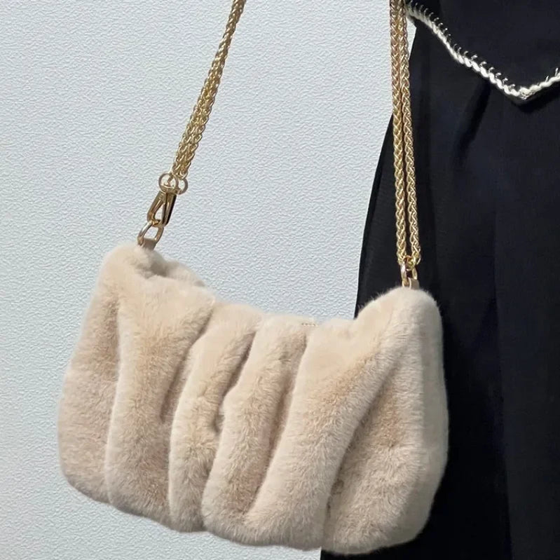 Women Faux Fur Handbags with Metal Chain Lady Ruched Shoulder Bag Armpit Casual Square Hobos Crossbody Winter