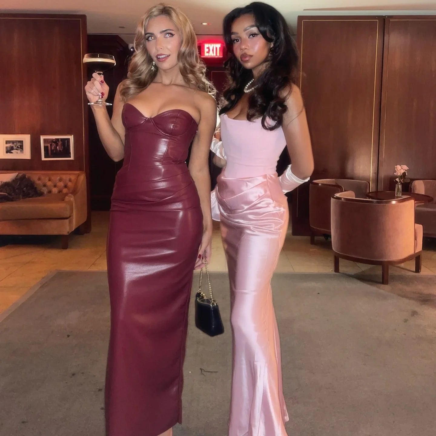 Suninheart Autumn Strapless Party Dresses 2024 New Arrivals Wine PU Corset  Dress Sexy Midi Bodycon Night Event Dress Women